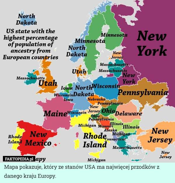 Mapa pokazuje, który ze stanów USA ma najwięcej przodków z danego kraju Europy. 