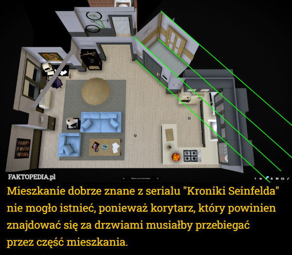 Mieszkanie dobrze znane z serialu "Kroniki Seinfelda" nie mogło istnieć, ponieważ korytarz, który powinien znajdować się za drzwiami musiałby przebiegać
 przez część mieszkania. 