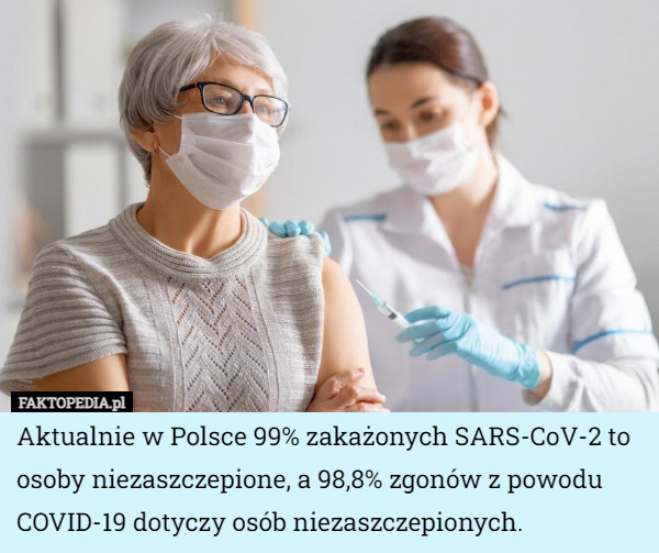 Aktualnie w Polsce 99% zakażonych SARS-CoV-2 to osoby niezaszczepione, a 98,8% zgonów z powodu COVID-19 dotyczy osób niezaszczepionych. 