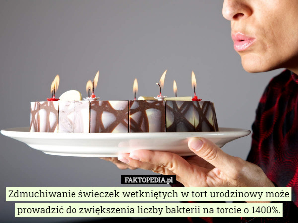 Zdmuchiwanie świeczek wetkniętych w tort urodzinowy może prowadzić do zwiększenia liczby bakterii na torcie o 1400%. 