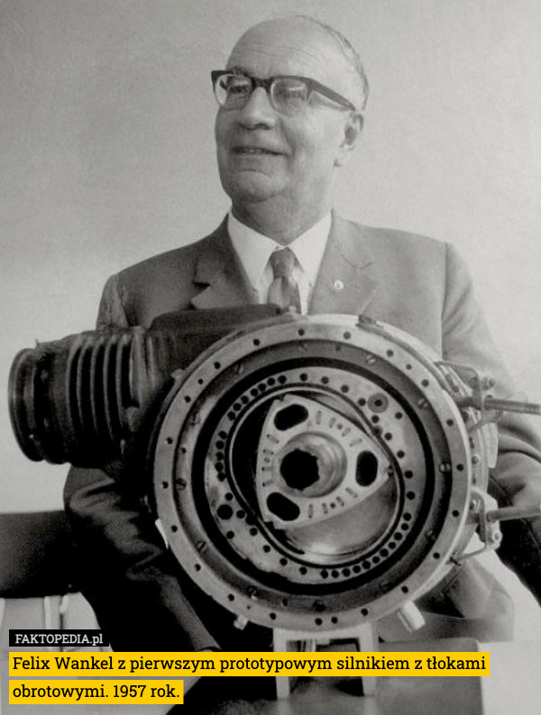 Felix Wankel z pierwszym prototypowym silnikiem z tłokami obrotowymi. 1957 rok. 