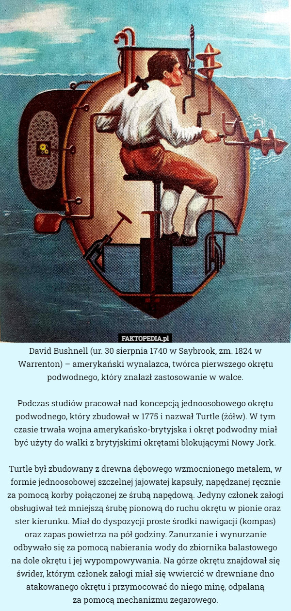 David Bushnell (ur. 30 sierpnia 1740 w Saybrook, zm. 1824 w Warrenton) – amerykański wynalazca, twórca pierwszego okrętu podwodnego, który znalazł zastosowanie w walce.

 Podczas studiów pracował nad koncepcją jednoosobowego okrętu podwodnego, który zbudował w 1775 i nazwał Turtle (żółw). W tym czasie trwała wojna amerykańsko-brytyjska i okręt podwodny miał być użyty do walki z brytyjskimi okrętami blokującymi Nowy Jork.

 Turtle był zbudowany z drewna dębowego wzmocnionego metalem, w formie jednoosobowej szczelnej jajowatej kapsuły, napędzanej ręcznie za pomocą korby połączonej ze śrubą napędową. Jedyny członek załogi obsługiwał też mniejszą śrubę pionową do ruchu okrętu w pionie oraz ster kierunku. Miał do dyspozycji proste środki nawigacji (kompas) oraz zapas powietrza na pół godziny. Zanurzanie i wynurzanie odbywało się za pomocą nabierania wody do zbiornika balastowego
 na dole okrętu i jej wypompowywania. Na górze okrętu znajdował się świder, którym członek załogi miał się wwiercić w drewniane dno atakowanego okrętu i przymocować do niego minę, odpalaną
 za pomocą mechanizmu zegarowego. 