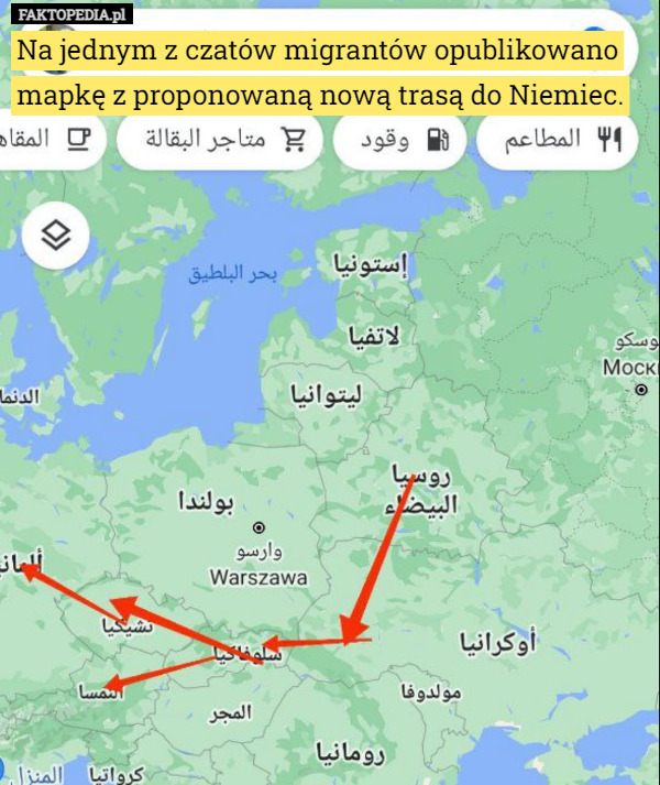 Na jednym z czatów migrantów opublikowano mapkę z proponowaną nową trasą do Niemiec. 