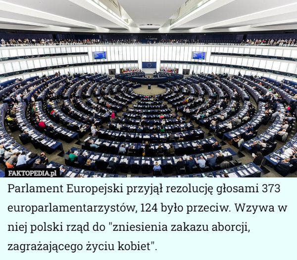 Parlament Europejski przyjął rezolucję głosami 373 europarlamentarzystów, 124 było przeciw. Wzywa w niej polski rząd do "zniesienia zakazu aborcji, zagrażającego życiu kobiet". 