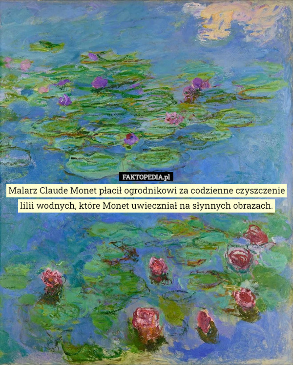 Malarz Claude Monet płacił ogrodnikowi za codzienne czyszczenie lilii wodnych, które Monet uwieczniał na słynnych obrazach. 