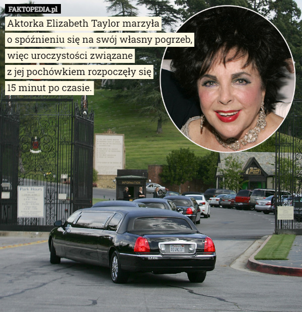 Aktorka Elizabeth Taylor marzyła
o spóźnieniu się na swój własny pogrzeb,
więc uroczystości związane
z jej pochówkiem rozpoczęły się
15 minut po czasie. 