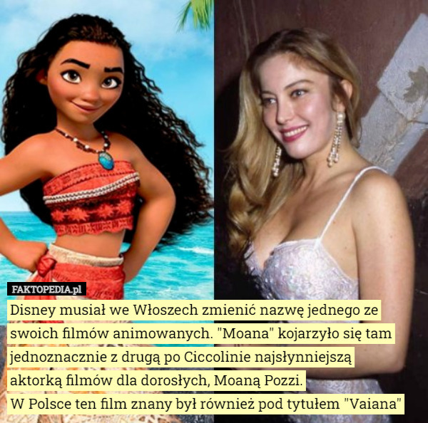 Disney musiał we Włoszech zmienić nazwę jednego ze swoich filmów animowanych. "Moana" kojarzyło się tam jednoznacznie z drugą po Ciccolinie najsłynniejszą
 aktorką filmów dla dorosłych, Moaną Pozzi.
W Polsce ten film znany był również pod tytułem "Vaiana" 