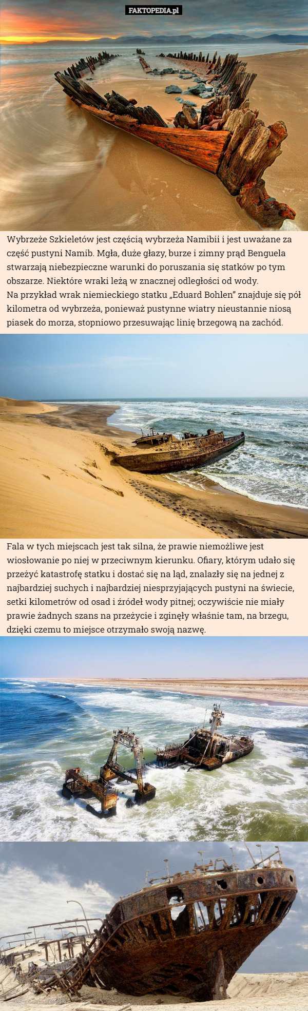 Wybrzeże Szkieletów jest częścią wybrzeża Namibii i jest uważane za część pustyni Namib. Mgła, duże głazy, burze i zimny prąd Benguela stwarzają niebezpieczne warunki do poruszania się statków po tym obszarze. Niektóre wraki leżą w znacznej odległości od wody.
 Na przykład wrak niemieckiego statku „Eduard Bohlen” znajduje się pół kilometra od wybrzeża, ponieważ pustynne wiatry nieustannie niosą piasek do morza, stopniowo przesuwając linię brzegową na zachód. Fala w tych miejscach jest tak silna, że prawie niemożliwe jest wiosłowanie po niej w przeciwnym kierunku. Ofiary, którym udało się przeżyć katastrofę statku i dostać się na ląd, znalazły się na jednej z najbardziej suchych i najbardziej niesprzyjających pustyni na świecie, setki kilometrów od osad i źródeł wody pitnej; oczywiście nie miały prawie żadnych szans na przeżycie i zginęły właśnie tam, na brzegu, dzięki czemu to miejsce otrzymało swoją nazwę. 