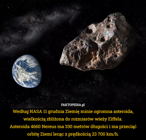 Według NASA 11 grudnia Ziemię minie ogromna asteroida, wielkością zbliżona do rozmiarów wieży Eiffela.
Asteroida 4660 Nereus ma 330 metrów długości i ma przeciąć orbitę Ziemi lecąc z prędkością 23 700 km/h. 