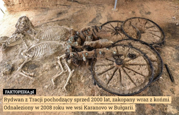 Rydwan z Tracji pochodzący sprzed 2000 lat, zakopany wraz z końmi. Odnaleziony w 2008 roku we wsi Karanovo w Bułgarii. 