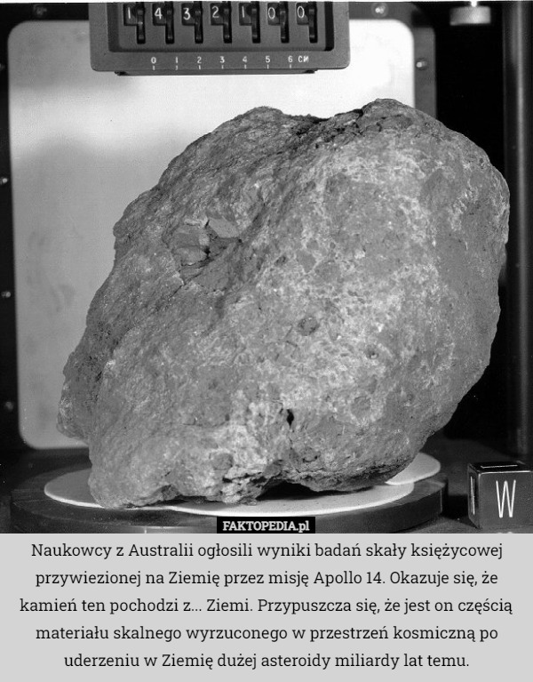 Naukowcy z Australii ogłosili wyniki badań skały księżycowej przywiezionej na Ziemię przez misję Apollo 14. Okazuje się, że kamień ten pochodzi z... Ziemi. Przypuszcza się, że jest on częścią materiału skalnego wyrzuconego w przestrzeń kosmiczną po uderzeniu w Ziemię dużej asteroidy miliardy lat temu. 