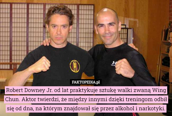 Robert Downey Jr. od lat praktykuje sztukę walki zwaną Wing Chun. Aktor twierdzi, że między innymi dzięki treningom odbił się od dna, na którym znajdował się przez alkohol i narkotyki. 