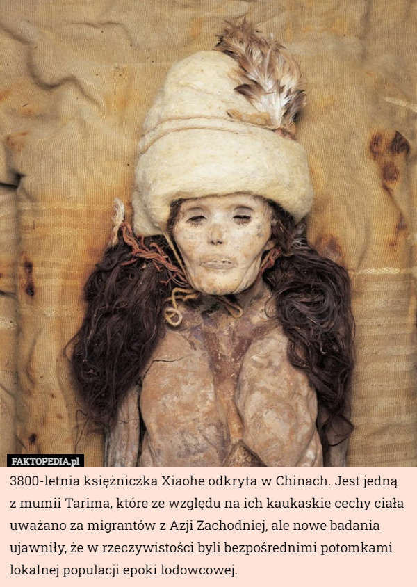 3800-letnia księżniczka Xiaohe odkryta w Chinach. Jest jedną z mumii Tarima, które ze względu na ich kaukaskie cechy ciała uważano za migrantów z Azji Zachodniej, ale nowe badania ujawniły, że w rzeczywistości byli bezpośrednimi potomkami lokalnej populacji epoki lodowcowej. 
