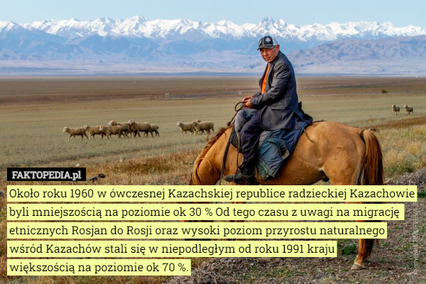 Około roku 1960 w ówczesnej Kazachskiej republice radzieckiej Kazachowie byli mniejszością na poziomie ok 30 % Od tego czasu z uwagi na migrację  etnicznych Rosjan do Rosji oraz wysoki poziom przyrostu naturalnego wśród Kazachów stali się w niepodległym od roku 1991 kraju
 większością na poziomie ok 70 %. 