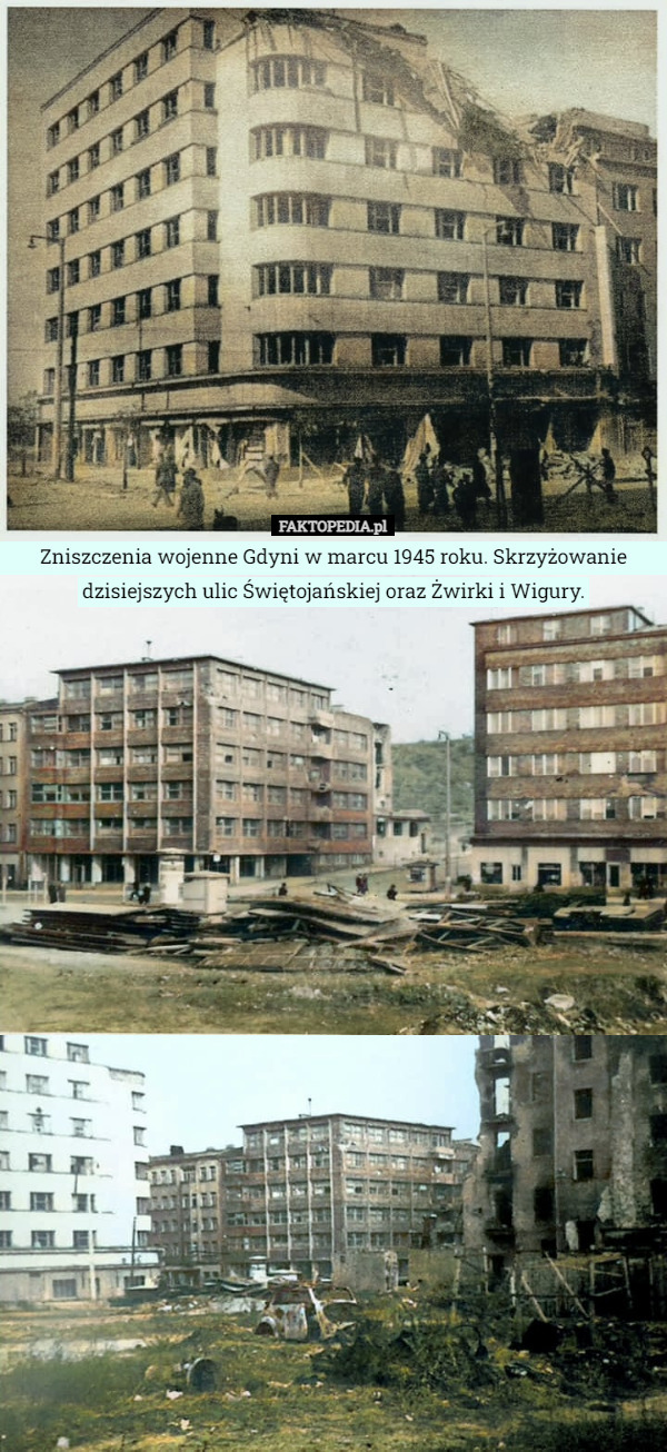 Zniszczenia wojenne Gdyni w marcu 1945 roku. Skrzyżowanie dzisiejszych ulic Świętojańskiej oraz Żwirki i Wigury. 