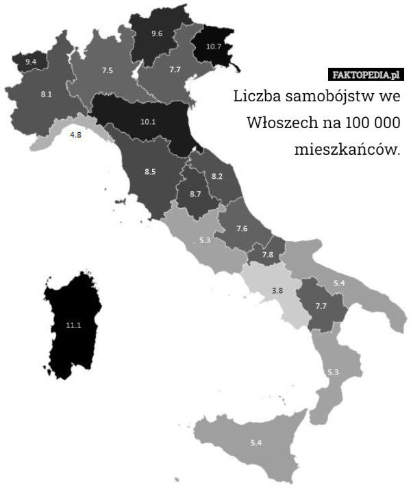 Liczba samobójstw we Włoszech na 100 000 mieszkańców. 