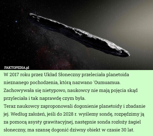 W 2017 roku przez Układ Słoneczny przeleciała planetoida nieznanego pochodzenia, którą nazwano 'Oumuamua.
Zachowywała się nietypowo, naukowcy nie mają pojęcia skąd przyleciała i tak naprawdę czym była.
Teraz naukowcy zaproponowali dogonienie planetoidy i zbadanie jej. Według założeń, jeśli do 2028 r. wyślemy sondę, rozpędzimy ją za pomocą asysty grawitacyjnej, następnie sonda rozłoży żagiel słoneczny, ma szansę dogonić dziwny obiekt w czasie 30 lat. 