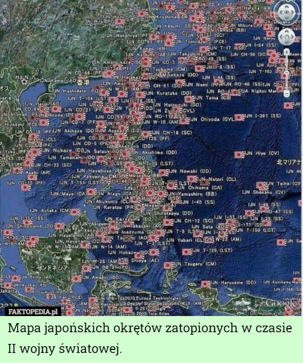 Mapa japońskich okrętów zatopionych w czasie II wojny światowej. 