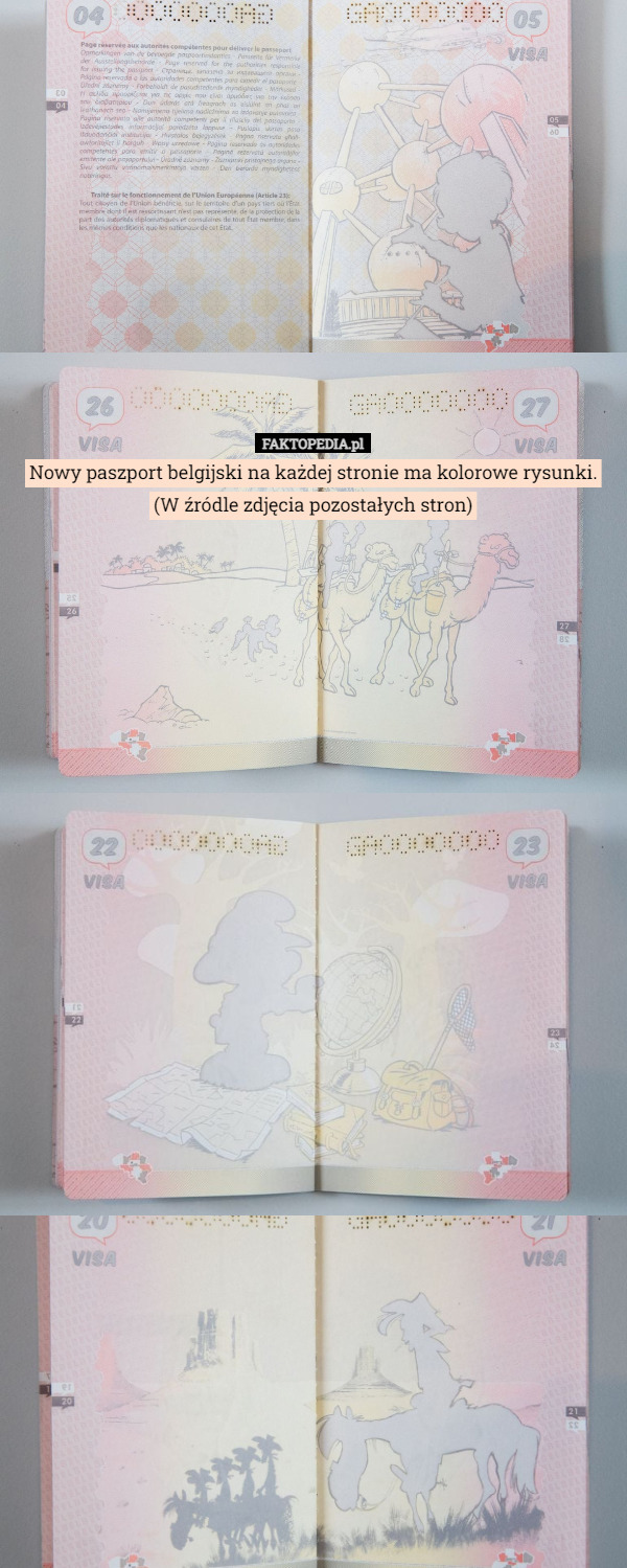 Nowy paszport belgijski na każdej stronie ma kolorowe rysunki.
(W źródle zdjęcia pozostałych stron) 