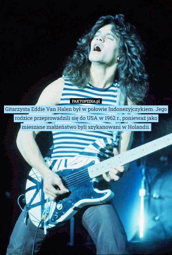 Gitarzysta Eddie Van Halen był w połowie Indonezyjczykiem. Jego rodzice przeprowadzili się do USA w 1962 r., ponieważ jako mieszane małżeństwo byli szykanowani w Holandii. 