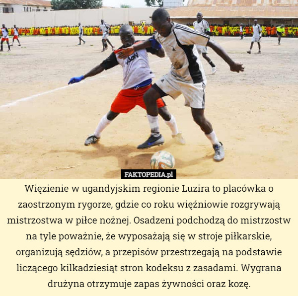 Więzienie w ugandyjskim regionie Luzira to placówka o zaostrzonym rygorze, gdzie co roku więźniowie rozgrywają mistrzostwa w piłce nożnej. Osadzeni podchodzą do mistrzostw na tyle poważnie, że wyposażają się w stroje piłkarskie, organizują sędziów, a przepisów przestrzegają na podstawie liczącego kilkadziesiąt stron kodeksu z zasadami. Wygrana drużyna otrzymuje zapas żywności oraz kozę. 