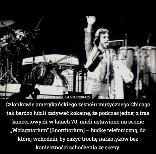 Członkowie amerykańskiego zespołu muzycznego Chicago tak bardzo lubili zażywać kokainę, że podczas jednej z tras koncertowych w latach 70. mieli ustawione na scenie „Wciągatorium” [Snortitorium] – budkę telefoniczną, do której wchodzili, by zażyć trochę narkotyków bez konieczności schodzenia ze sceny. 