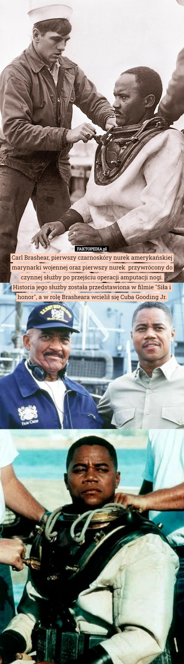Carl Brashear, pierwszy czarnoskóry nurek amerykańskiej marynarki wojennej oraz pierwszy nurek  przywrócony do czynnej służby po przejściu operacji amputacji nogi.
Historia jego służby została przedstawiona w filmie "Siła i honor", a w rolę Brasheara wcielił się Cuba Gooding Jr. 
