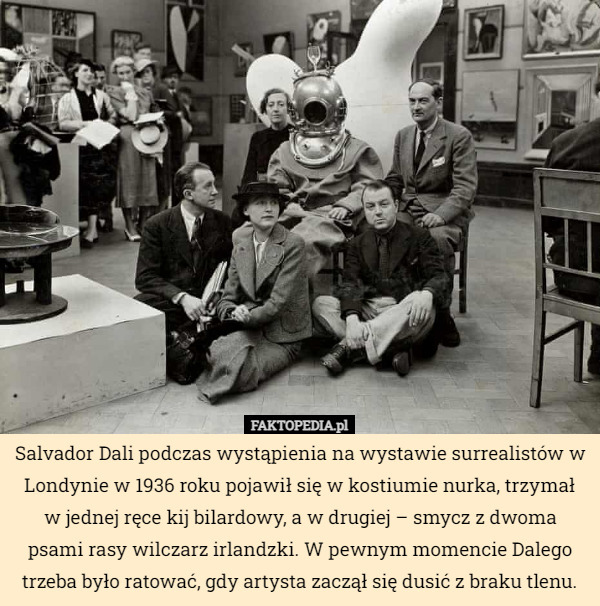 Salvador Dali podczas wystąpienia na wystawie surrealistów w Londynie w 1936 roku pojawił się w kostiumie nurka, trzymał w jednej ręce kij bilardowy, a w drugiej – smycz z dwoma psami rasy wilczarz irlandzki. W pewnym momencie Dalego trzeba było ratować, gdy artysta zaczął się dusić z braku tlenu. 