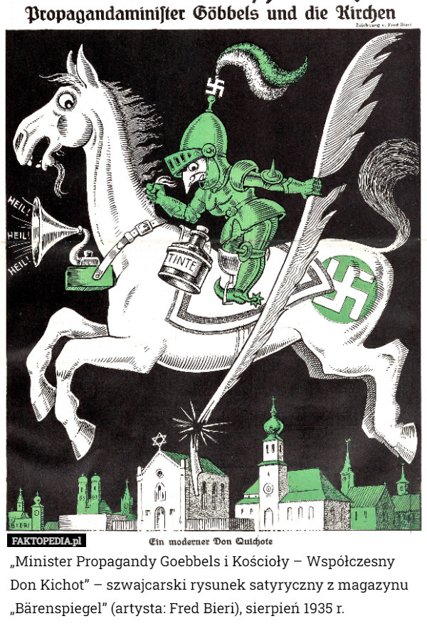 „Minister Propagandy Goebbels i Kościoły – Współczesny Don Kichot” – szwajcarski rysunek satyryczny z magazynu „Bärenspiegel” (artysta: Fred Bieri), sierpień 1935 r. 