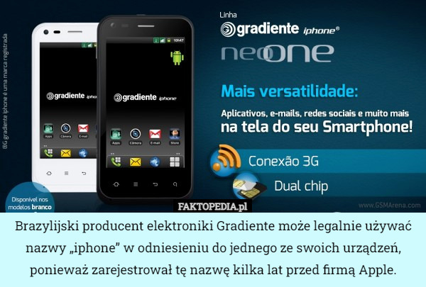 Brazylijski producent elektroniki Gradiente może legalnie używać nazwy „iphone” w odniesieniu do jednego ze swoich urządzeń, ponieważ zarejestrował tę nazwę kilka lat przed firmą Apple. 