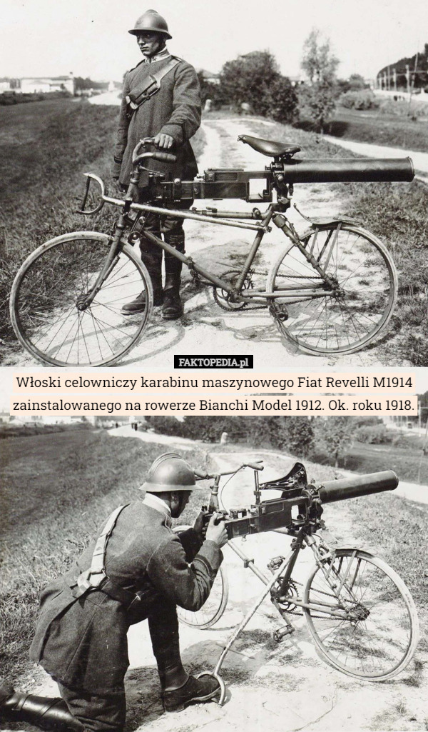 Włoski celowniczy karabinu maszynowego Fiat Revelli M1914 zainstalowanego na rowerze Bianchi Model 1912. Ok. roku 1918. 