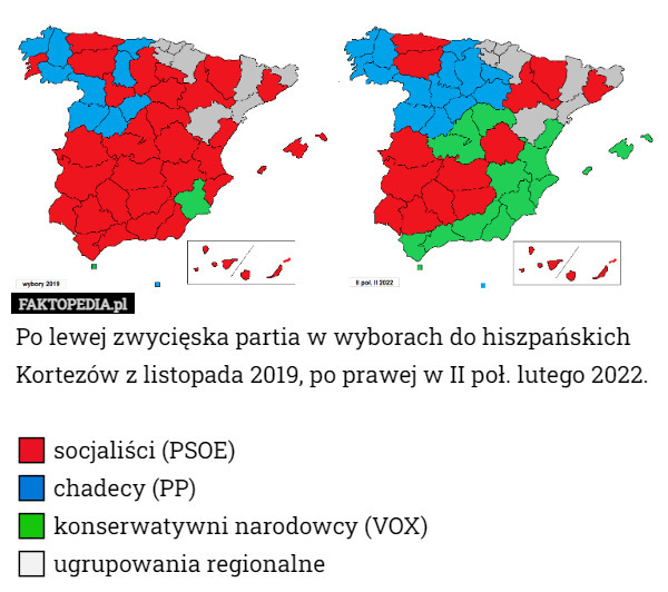 Po lewej zwycięska partia w wyborach do hiszpańskich Kortezów z listopada 2019, po prawej w II poł. lutego 2022. 

🟥 socjaliści (PSOE)
🟦 chadecy (PP)
🟩 konserwatywni narodowcy (VOX)
⬜ ugrupowania regionalne 