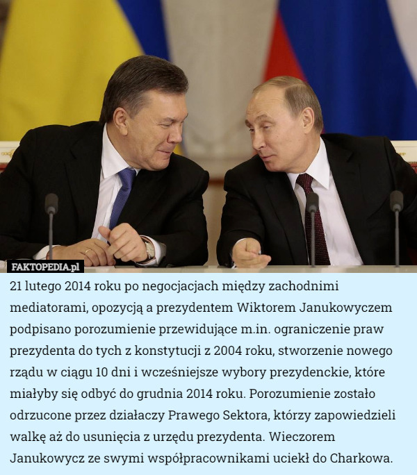 21 lutego 2014 roku po negocjacjach między zachodnimi mediatorami, opozycją a prezydentem Wiktorem Janukowyczem podpisano porozumienie przewidujące m.in. ograniczenie praw prezydenta do tych z konstytucji z 2004 roku, stworzenie nowego rządu w ciągu 10 dni i wcześniejsze wybory prezydenckie, które miałyby się odbyć do grudnia 2014 roku. Porozumienie zostało odrzucone przez działaczy Prawego Sektora, którzy zapowiedzieli walkę aż do usunięcia z urzędu prezydenta. Wieczorem Janukowycz ze swymi współpracownikami uciekł do Charkowa. 