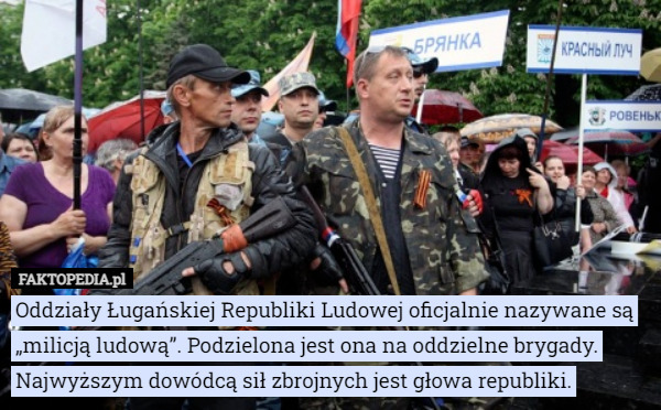 Oddziały Ługańskiej Republiki Ludowej oficjalnie nazywane są „milicją ludową”. Podzielona jest ona na oddzielne brygady. Najwyższym dowódcą sił zbrojnych jest głowa republiki. 