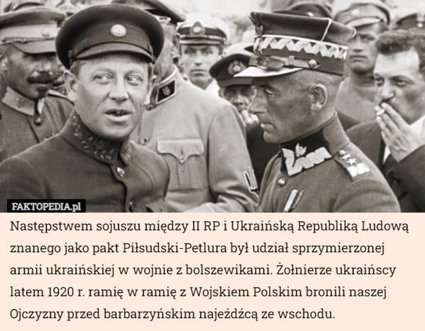 Następstwem sojuszu między II RP i Ukraińską Republiką Ludową znanego jako pakt Piłsudski-Petlura był udział sprzymierzonej armii ukraińskiej w wojnie z bolszewikami. Żołnierze ukraińscy latem 1920 r. ramię w ramię z Wojskiem Polskim bronili naszej Ojczyzny przed barbarzyńskim najeźdźcą ze wschodu. 