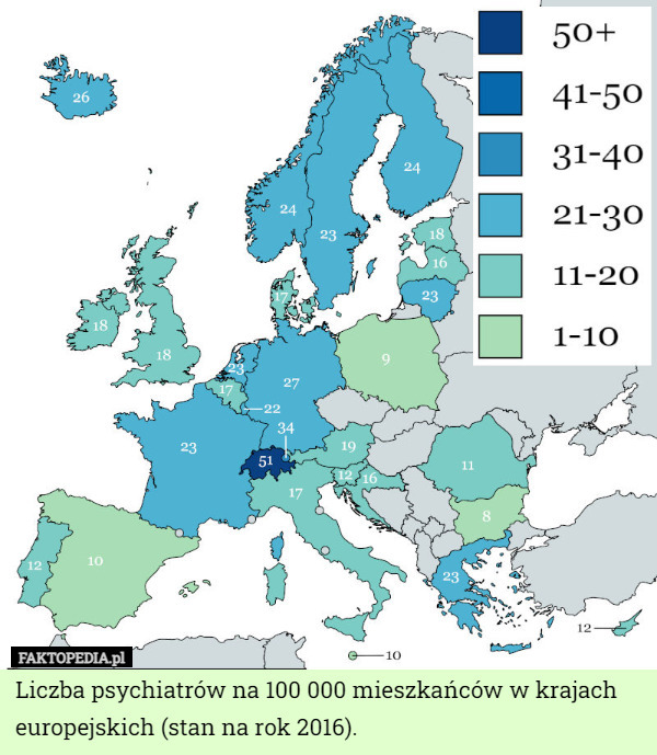 Liczba psychiatrów na 100 000 mieszkańców w krajach europejskich (stan na rok 2016). 