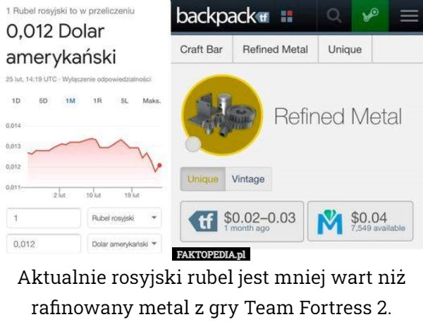 Aktualnie rosyjski rubel jest mniej wart niż rafinowany metal z gry Team Fortress 2. 