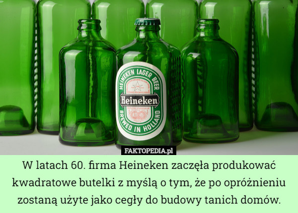 W latach 60. firma Heineken zaczęła produkować kwadratowe butelki z myślą o tym, że po opróżnieniu zostaną użyte jako cegły do budowy tanich domów. 