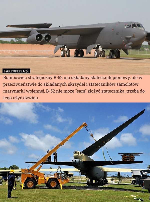 Bombowiec strategiczny B-52 ma składany statecznik pionowy, ale w przeciwieństwie do składanych skrzydeł i stateczników samolotów marynarki wojennej, B-52 nie może "sam" złożyć statecznika, trzeba do tego użyć dźwigu. 