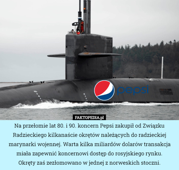 Na przełomie lat 80. i 90. koncern Pepsi zakupił od Związku Radzieckiego kilkanaście okrętów należących do radzieckiej marynarki wojennej. Warta kilka miliardów dolarów transakcja miała zapewnić koncernowi dostęp do rosyjskiego rynku.
Okręty zaś zezłomowano w jednej z norweskich stoczni. 
