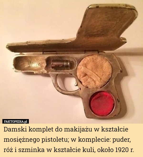 Damski komplet do makijażu w kształcie mosiężnego pistoletu; w komplecie: puder, róż i szminka w kształcie kuli, około 1920 r. 