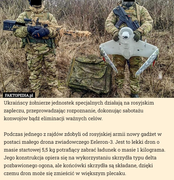 Ukraińscy żołnierze jednostek specjalnych działają na rosyjskim zapleczu, przeprowadzając rozpoznanie, dokonując sabotażu
 konwojów bądź eliminacji ważnych celów.

Podczas jednego z rajdów zdobyli od rosyjskiej armii nowy gadżet w postaci małego drona zwiadowczego Eeleron-3. Jest to lekki dron o masie startowej 5,5 kg potrafiący zabrać ładunek o masie 1 kilograma. Jego konstrukcja opiera się na wykorzystaniu skrzydła typu delta pozbawionego ogona, ale końcówki skrzydła są składane, dzięki
 czemu dron może się zmieścić w większym plecaku. 