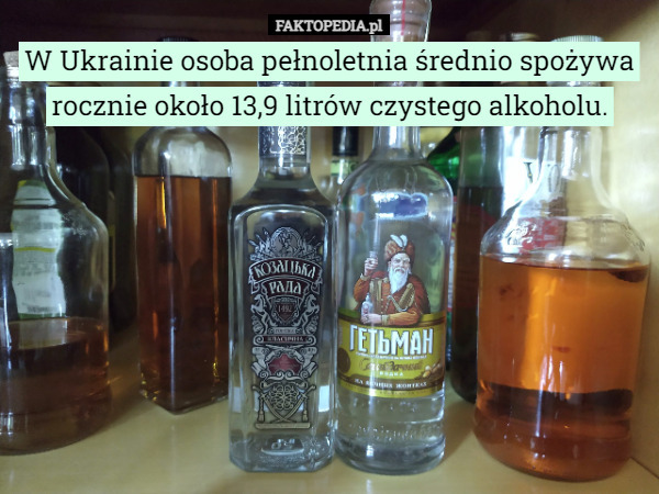 W Ukrainie osoba pełnoletnia średnio spożywa rocznie około 13,9 litrów czystego alkoholu. 