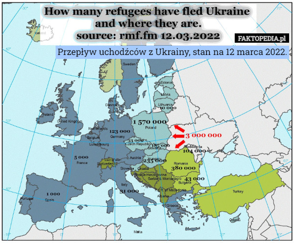 Przepływ uchodźców z Ukrainy, stan na 12 marca 2022. 