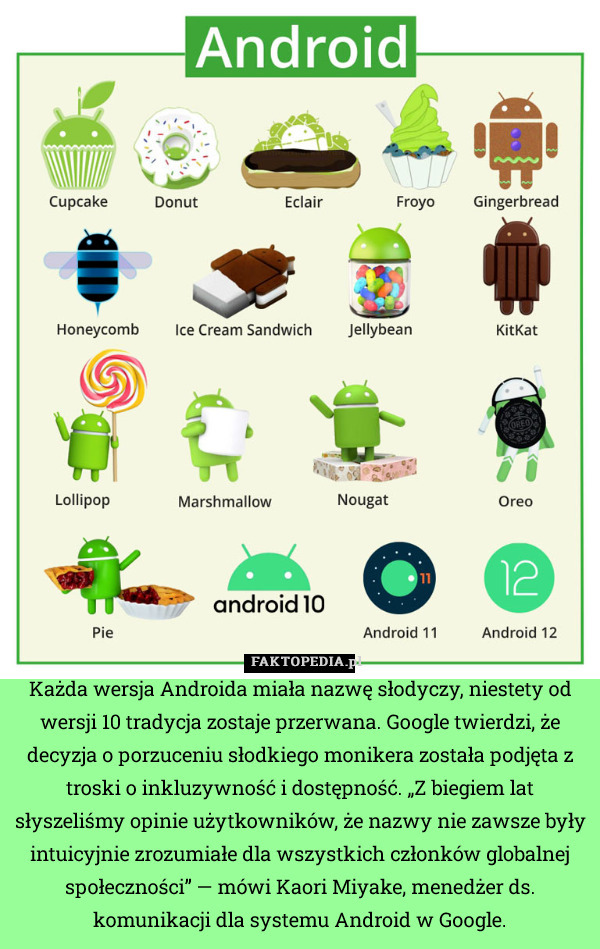 Każda wersja Androida miała nazwę słodyczy, niestety od wersji 10 tradycja zostaje przerwana. Google twierdzi, że decyzja o porzuceniu słodkiego monikera została podjęta z troski o inkluzywność i dostępność. „Z biegiem lat słyszeliśmy opinie użytkowników, że nazwy nie zawsze były intuicyjnie zrozumiałe dla wszystkich członków globalnej społeczności” — mówi Kaori Miyake, menedżer ds. komunikacji dla systemu Android w Google. 