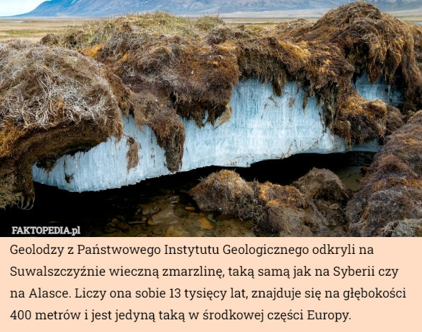 Geolodzy z Państwowego Instytutu Geologicznego odkryli na Suwalszczyźnie wieczną zmarzlinę, taką samą jak na Syberii czy na Alasce. Liczy ona sobie 13 tysięcy lat, znajduje się na głębokości 400 metrów i jest jedyną taką w środkowej części Europy. 