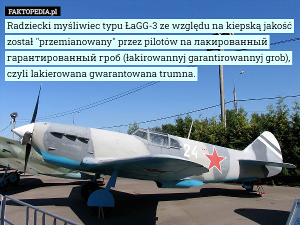 Radziecki myśliwiec typu ŁaGG-3 ze względu na kiepską jakość został "przemianowany" przez pilotów na лакированный гарантированный гроб (łakirowannyj garantirowannyj grob), czyli lakierowana gwarantowana trumna. 