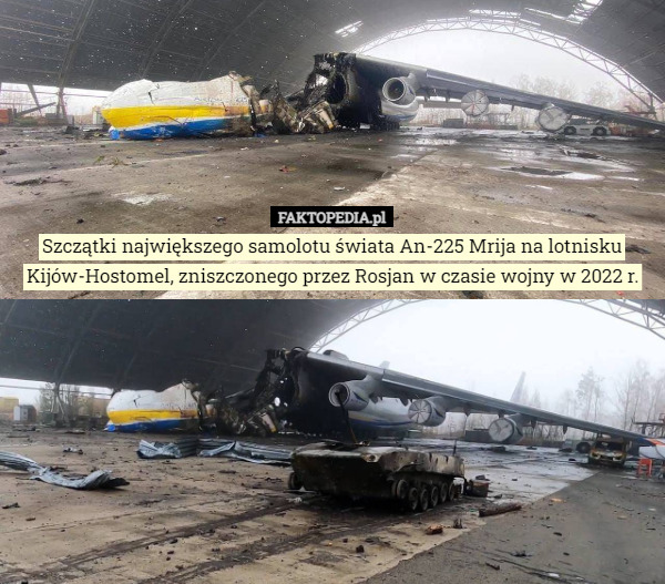 Szczątki największego samolotu świata An-225 Mrija na lotnisku Kijów-Hostomel, zniszczonego przez Rosjan w czasie wojny w 2022 r. 