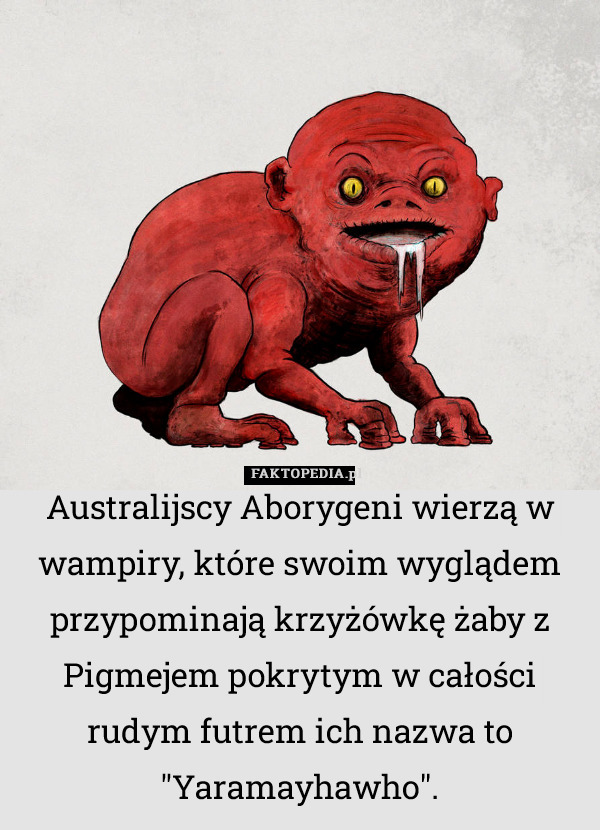 Australijscy Aborygeni wierzą w wampiry, które swoim wyglądem przypominają krzyżówkę żaby z Pigmejem pokrytym w całości rudym futrem ich nazwa to "Yaramayhawho". 