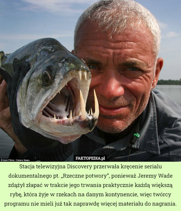 Stacja telewizyjna Discovery przerwała kręcenie serialu dokumentalnego pt. „Rzeczne potwory”, ponieważ Jeremy Wade zdążył złapać w trakcie jego trwania praktycznie każdą większą rybę, która żyje w rzekach na danym kontynencie, więc twórcy programu nie mieli już tak naprawdę więcej materiału do nagrania. 
